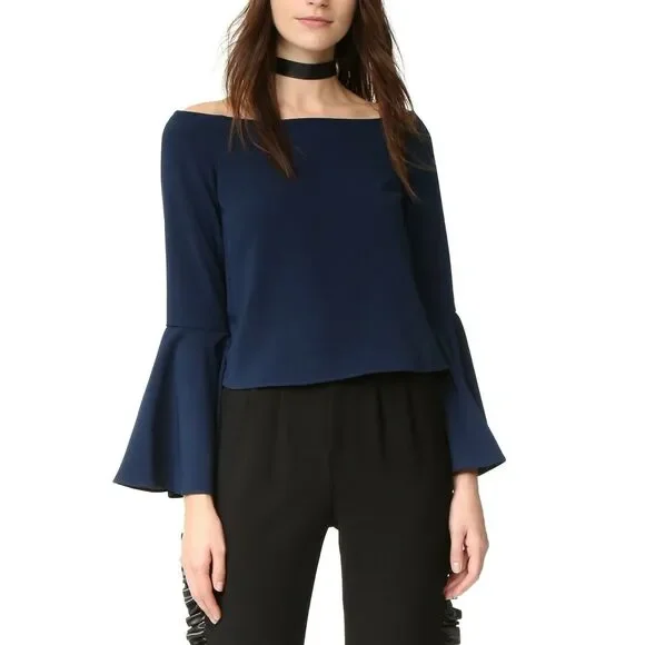 KEEPSAKE The Label Harmony off the shoulder bell sleeve top blouse navy XXS NEW - Picture 2 of 7